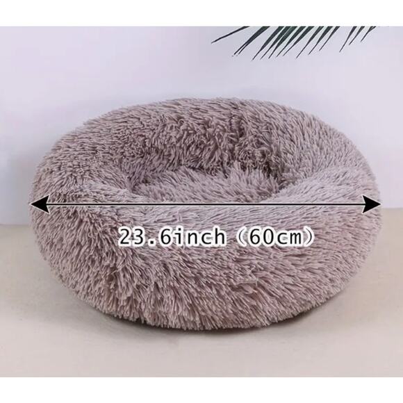 Pet Bed Plush Dog Cat Fluffy Luxury Taupe 23.6" large Round Non Slip - Picture 4 of 7